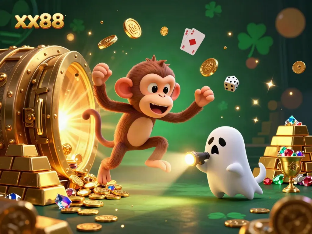 Track the mischievous xx88 monkey juggling golden coins in a haunted casino scene.