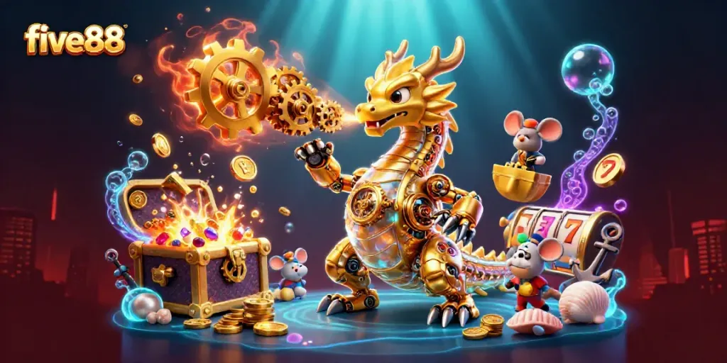 Experience thrilling moments at five88, where a biomechanical dragon unveils treasures and jackpots!