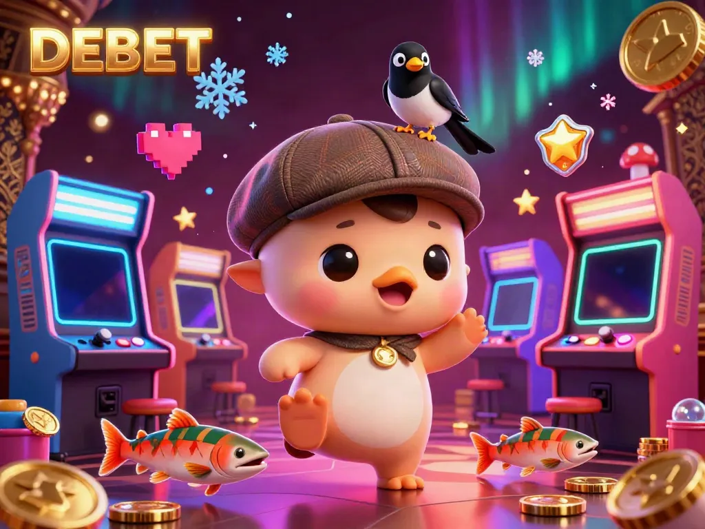 Engage with DEBET's vibrant casino atmosphere featuring Nessie and friends in a colorful gaming scene.