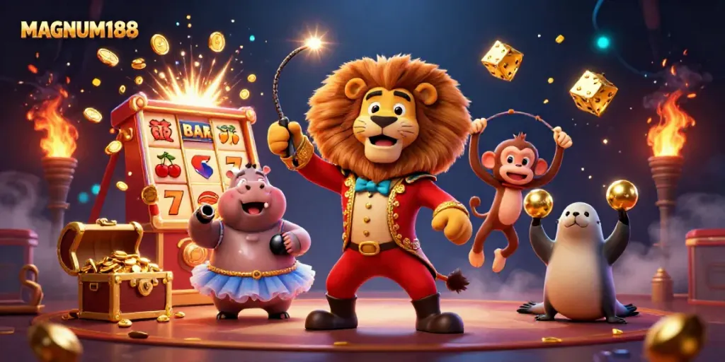 Experience the thrill of MAGNUM188 with lively casino characters surrounded by vibrant game elements.