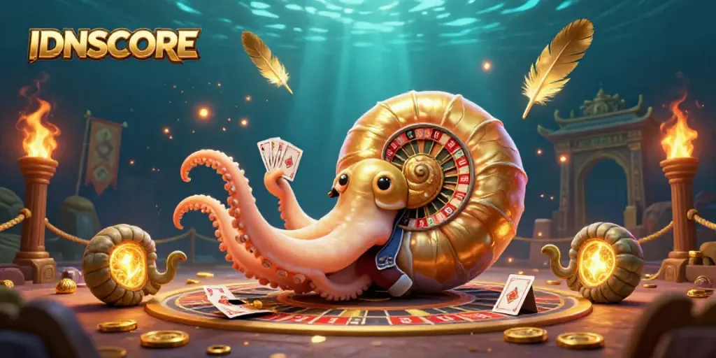 IDNSCORE showcases a vibrant casino scene with a giant nautilus roulette wheel and glowing companions.