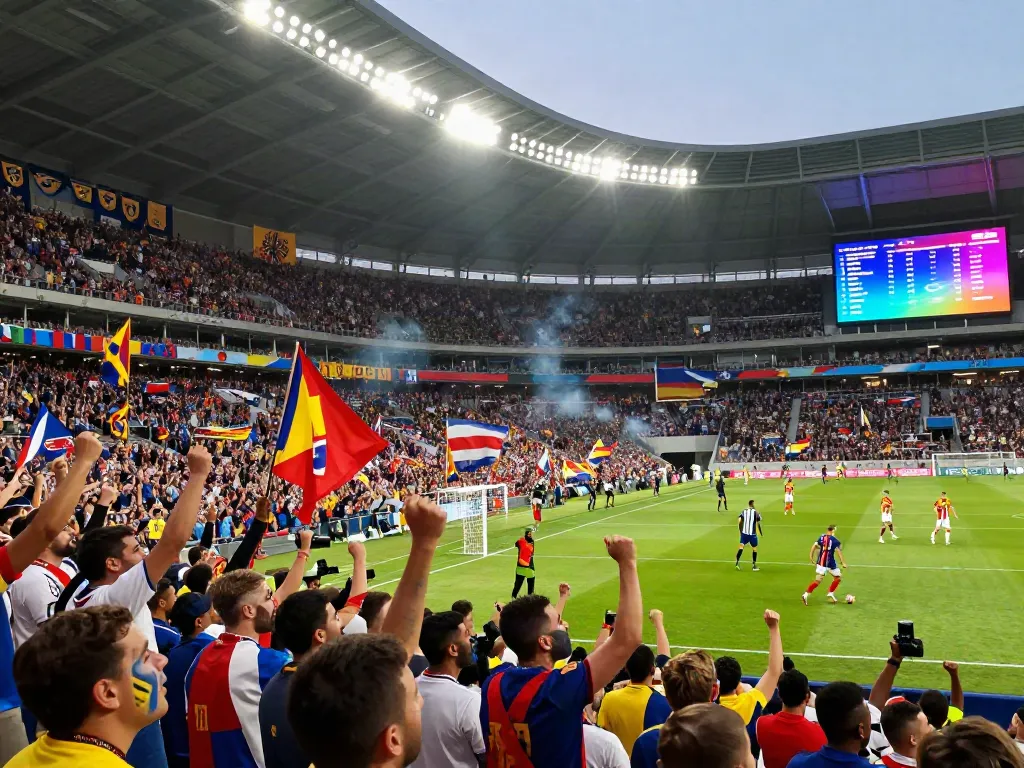 TOP10 นักเตะ competing fiercely in a vibrant football stadium filled with passionate fans during a crucial match.