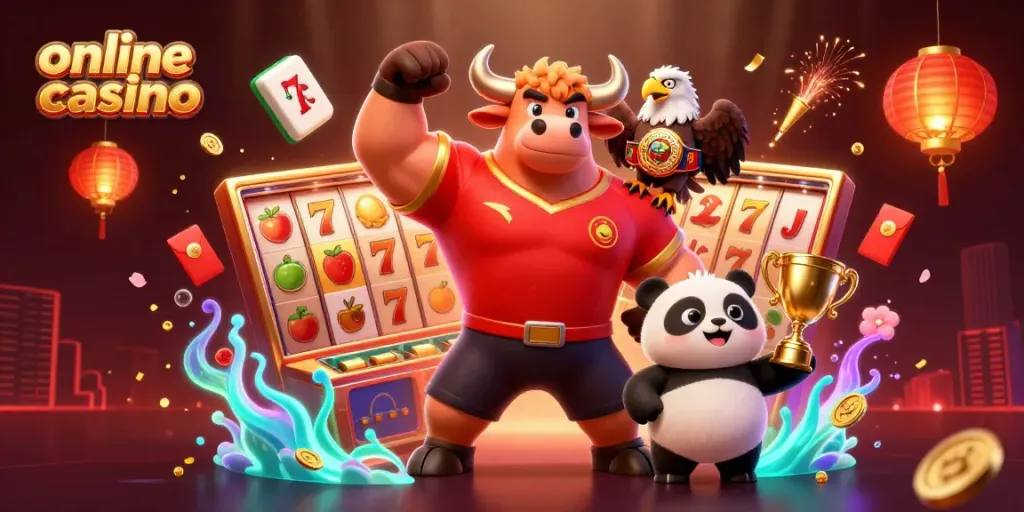 Experience the excitement of an online casino with a joyful bull, eagle, and panda.
