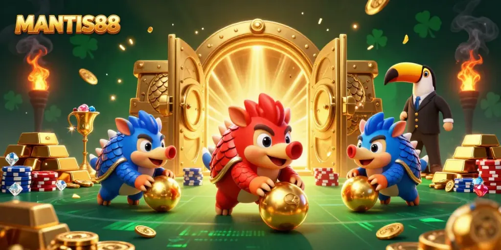MANTIS88 pangolins compete in a dynamic casino scene filled with gold and poker chips.