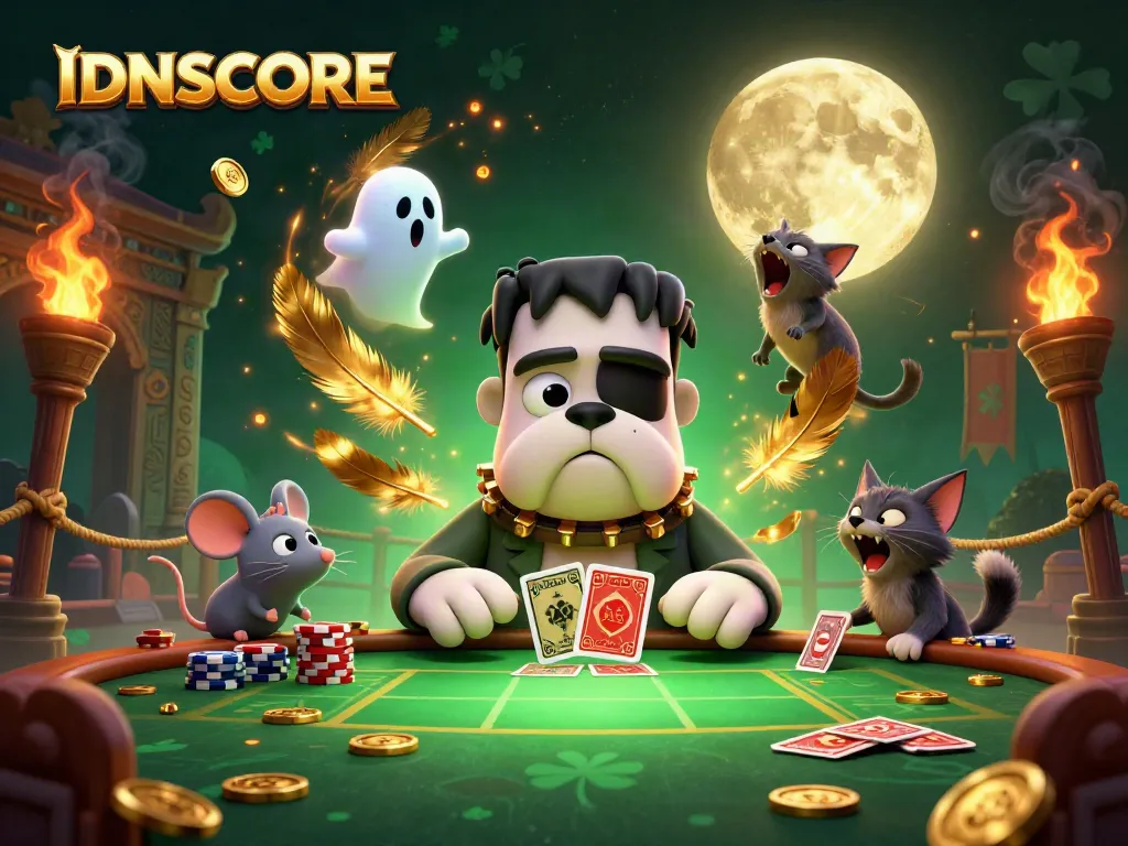 IDNSCORE showcases a Frankenstein bulldog monster dealing cards amidst a spooky casino atmosphere, featuring golden tokens and ghostly elements.