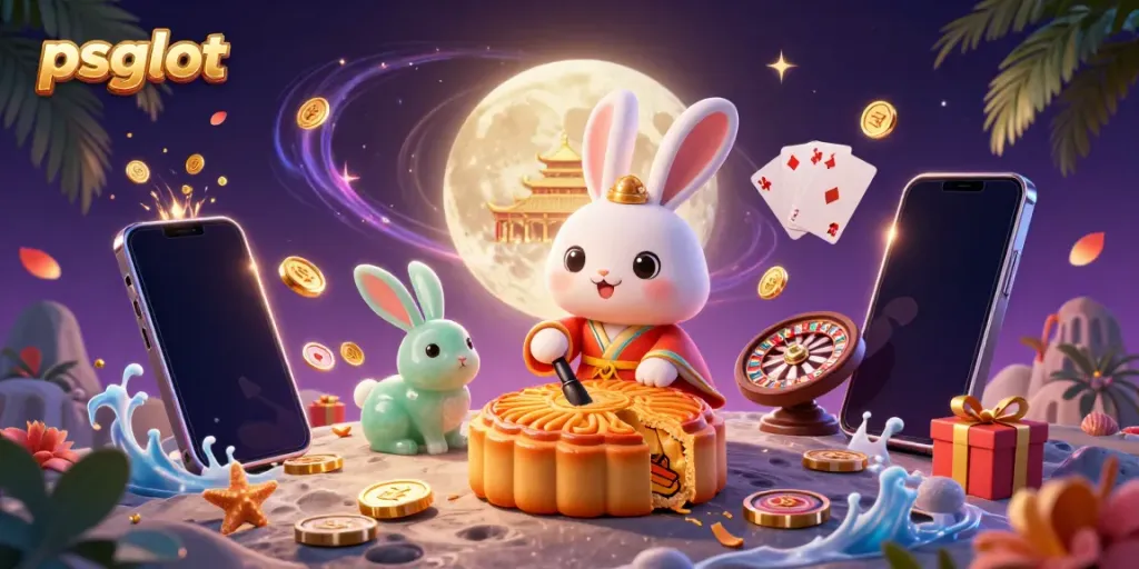 Experience the excitement of psgslot with a vibrant 3D scene of a moon rabbit and gaming elements.