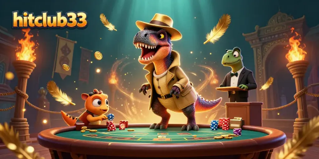 Experience the thrill of gaming at hitclub33 with a whimsical dinosaur-themed casino scene.