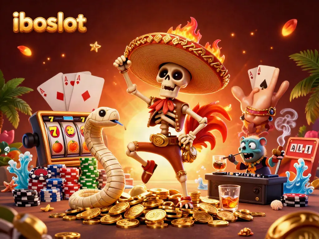 Experience the thrill with iboslot as a mariachi rooster celebrates wins amid slot reels and gold coins.