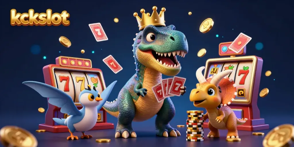 Gulir slot di kckslot dengan dino lucu dan banyak chip emas.