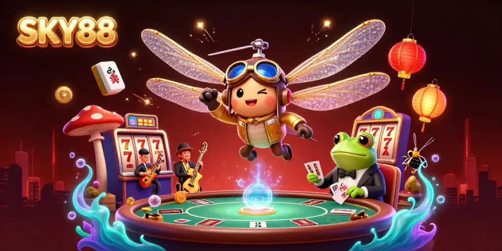 Experience thrilling moments with SKY88 at a lively casino featuring colorful games and unique characters.