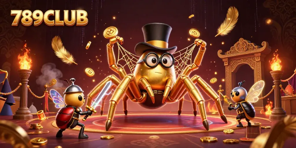 Engaging 3D scene showcasing 789CLUB with a giant tarantula and a beetle knight among casino elements.