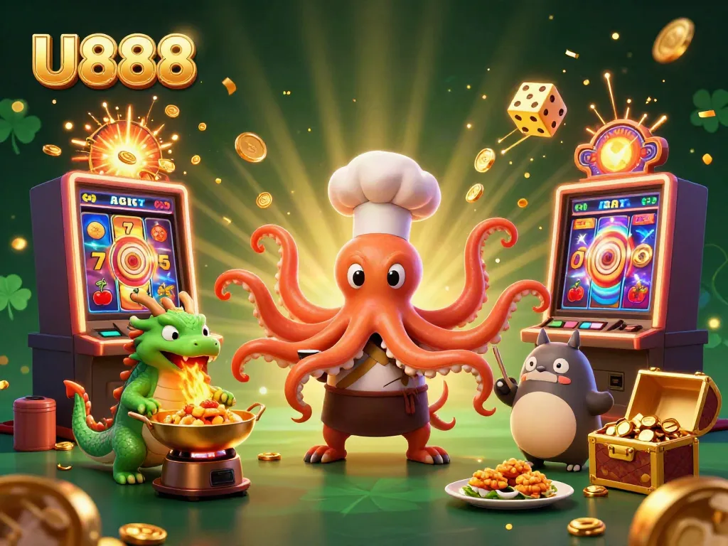 Experience excitement at U888 with a dynamic, colorful casino scene featuring an octopus chef and dragon!
