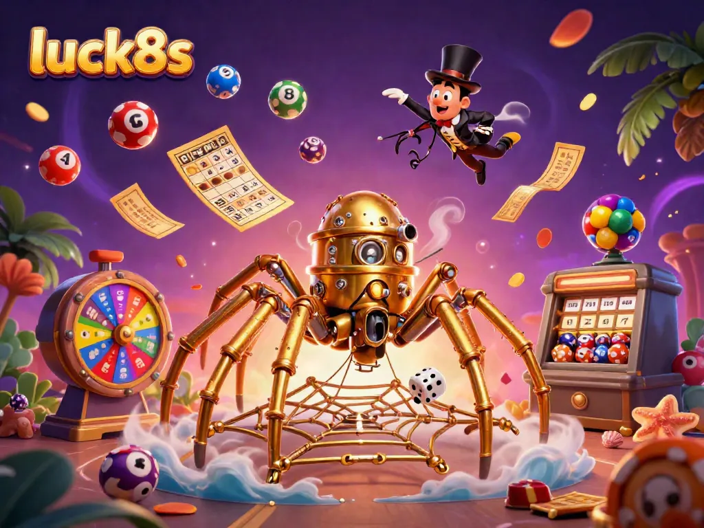 Experience thrilling gameplay at luck8s with a whimsical 3D illustration of a golden spider webbing poker chips and lottery elements.