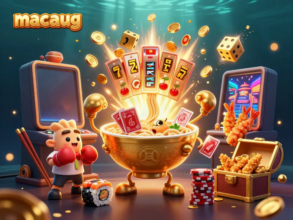 Experience winning thrills at macaugg with a vibrant 3D casino scene of fun characters and games!