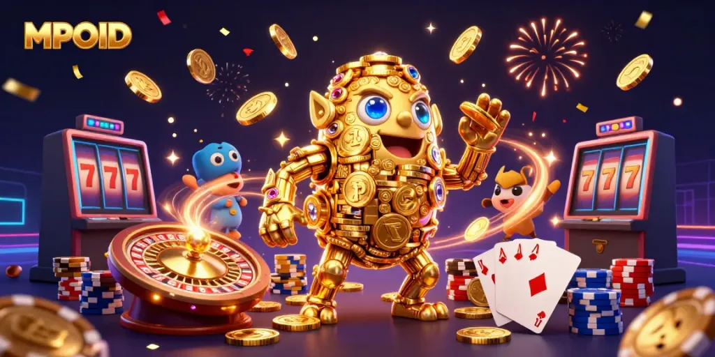 Experience thrilling jackpots with MPOID in an engaging golden golem casino scene.