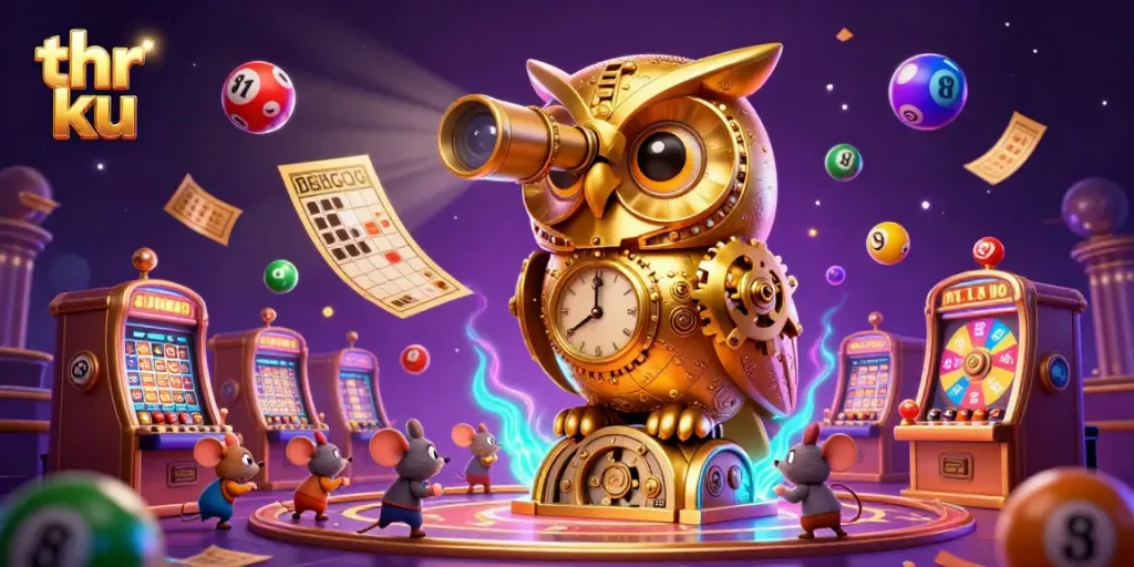 Engage with thr ku's dazzling casino experience featuring a giant golden owl and playful wind-up mice.