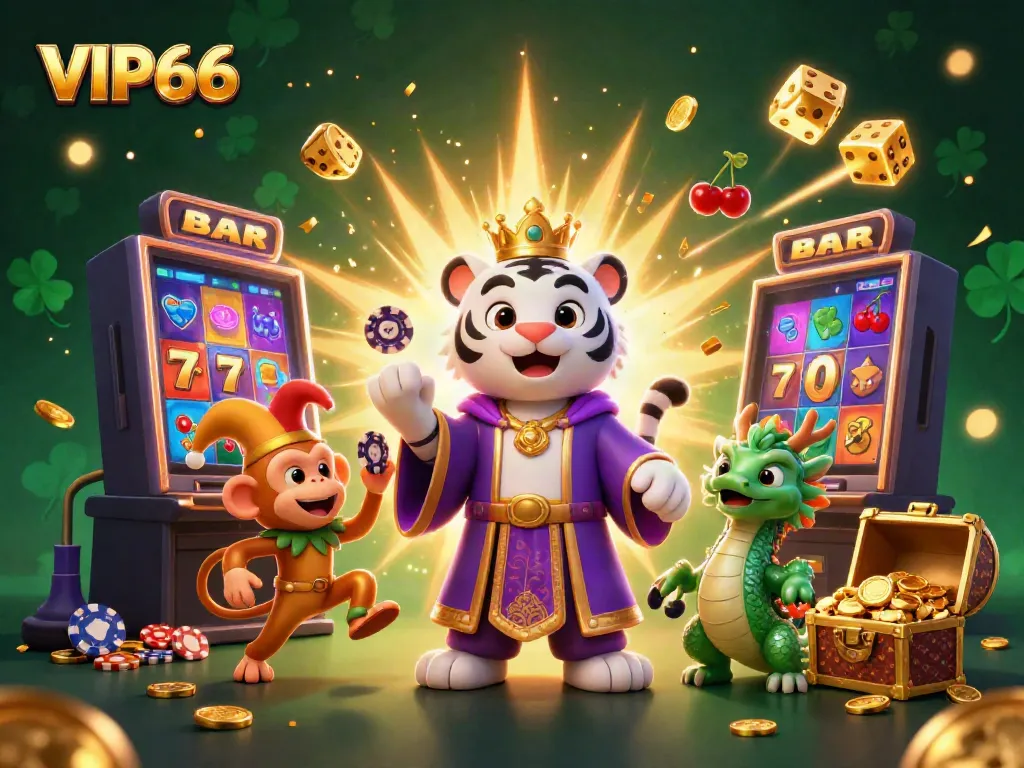 Engage with VIP66's vibrant casino atmosphere featuring an elegant tiger and playful monkey among jackpot symbols.
