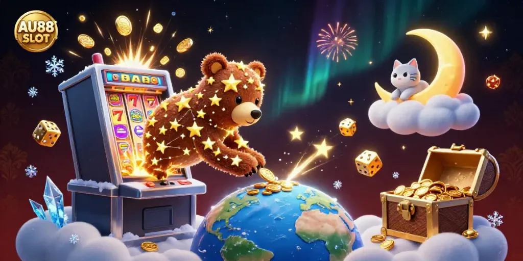 Experience the magic of AU88 SLOT with a vibrant 3D casino-themed explosion of colorful coins, slot machines, and playful characters.