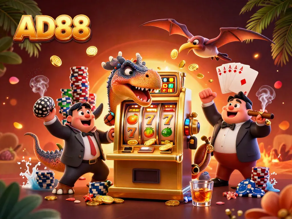 AD88 jackpot coins cascade as a dinosaur celebrates a big win in a lively casino scene
