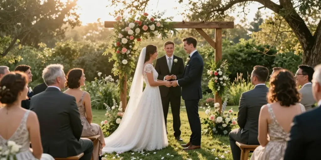 Documentary wedding photographer in Dunedin capturing a couple exchanging vows in an intimate outdoor ceremony.