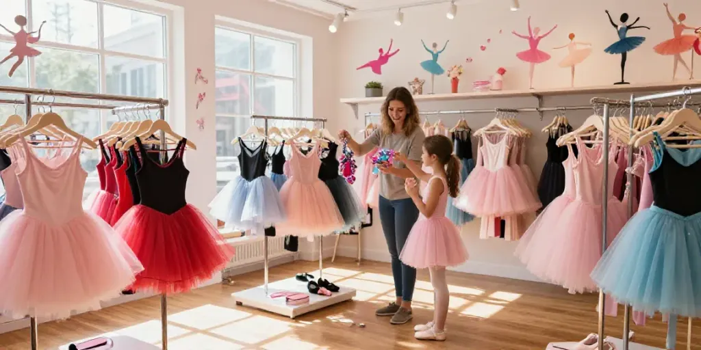 Vibrant tutu store displaying colorful tutus and dancewear, inviting atmosphere.