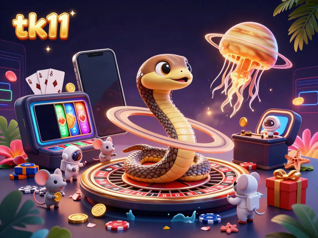 Engage in exciting bets with tk11 in this vibrant cosmic casino scene featuring a roulette wheel and playful characters.