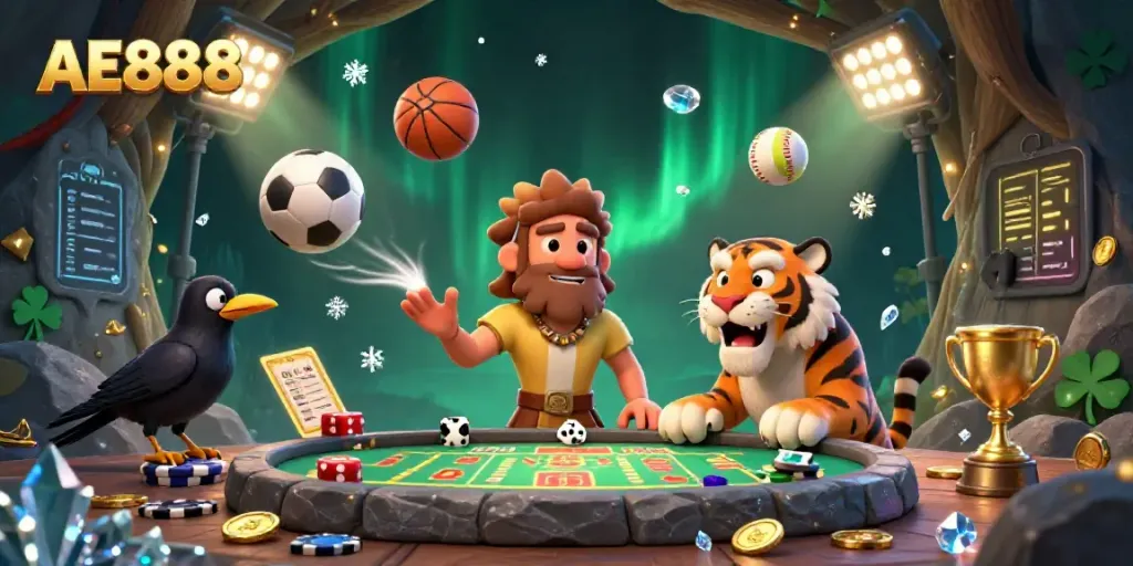 Experience the excitement of AE888 with a dynamic prehistoric casino scene featuring a caveman and sabertooth tiger.