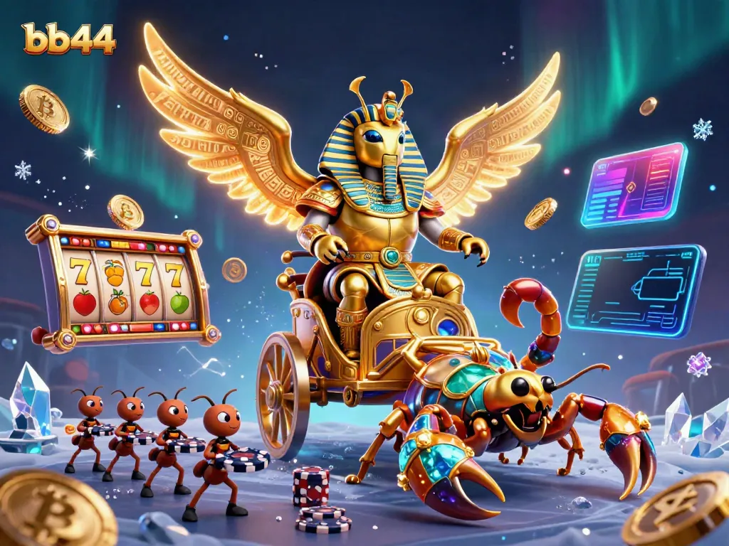 Engage in thrilling gameplay at bb44 with a dynamic casino scene featuring a golden scarab and vivid slot elements.