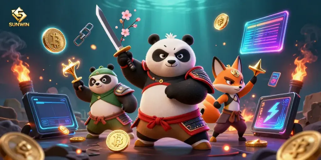 SUNWIN offers thrilling gaming adventure with samurai panda and ninja, surrounded by crypto elements.