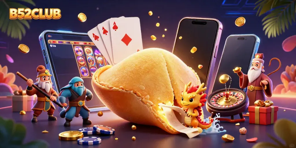 B52CLUB showcases a dynamic casino scene with a fortune cookie, dragon, and gaming elements