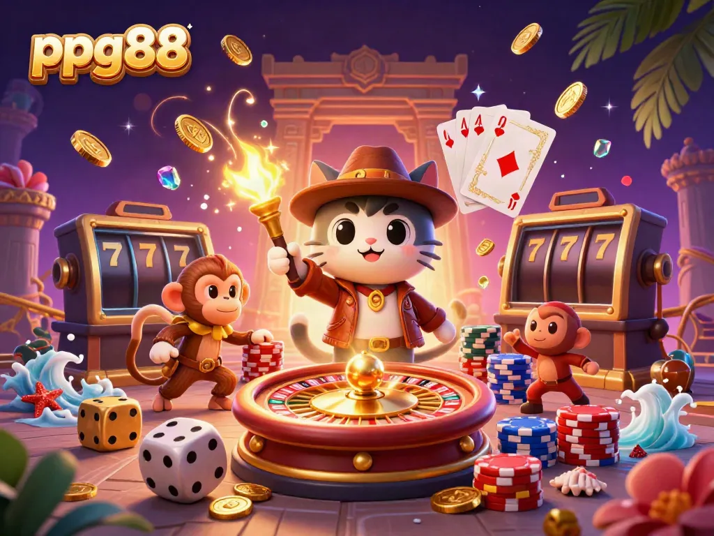 Experience the thrilling adventure with ppg88 as the explorer cat uncovers a golden casino artifact amid dynamic gaming elements.