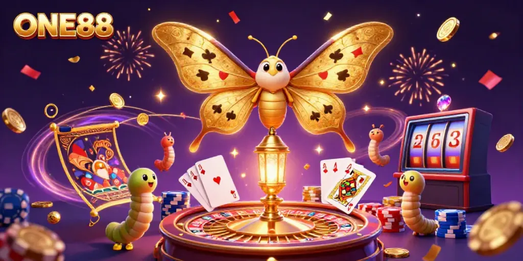 ONE88 features an enchanting moth with golden wings amidst a lively casino scene of coins and cards.