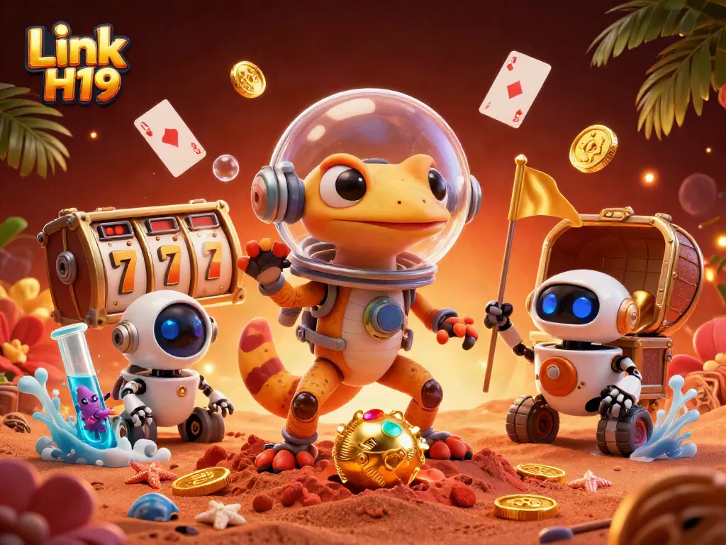 Exciting casino adventure with Link H19 featuring a Martian gecko discovering a hidden golden casino.