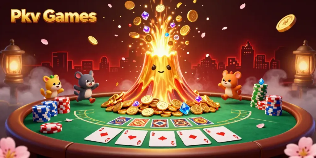 Pkv Games erupt in a vibrant casino scene with a golden volcano, treasure hunting animals, and poker elements.