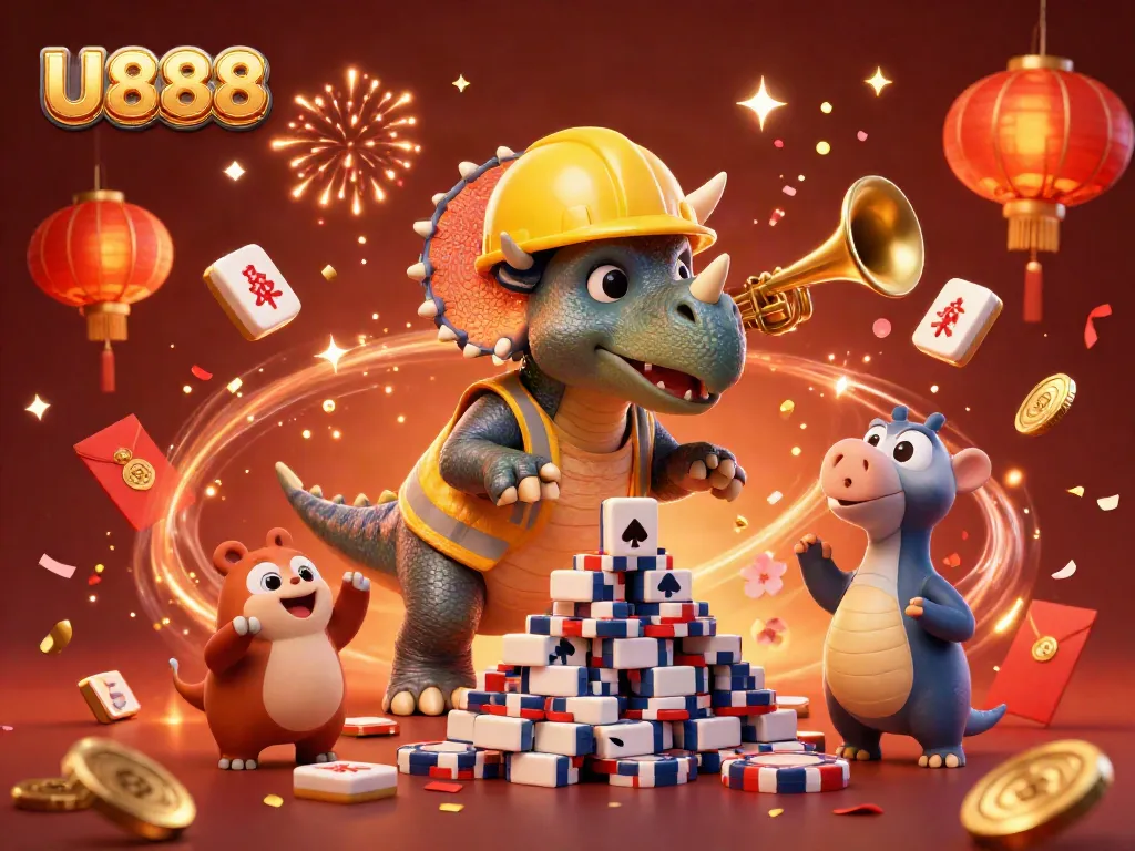 Experience U888's dynamic gaming scene with vibrant characters and celebratory elements.