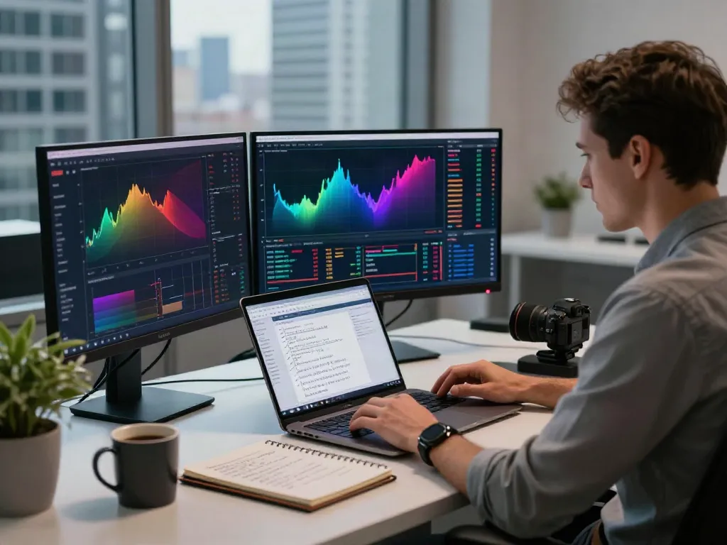 Trader utilizing TradingView on multiple screens in a modern workspace