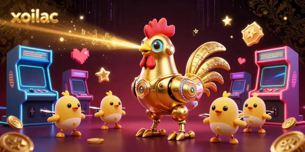 Xoilac enhances gaming with vibrant 3D robot and vibrant casino elements.