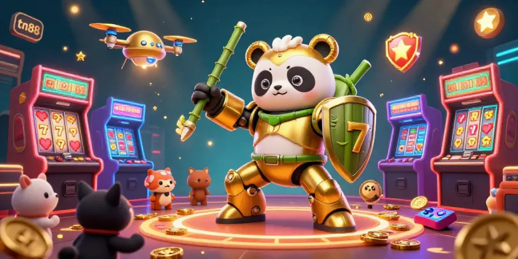 Experience thrilling tn88 gaming action with a mech-suit panda in a vibrant casino arena.
