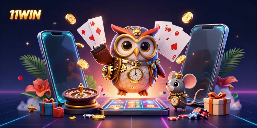 Experience the thrill of 11WIN with a steampunk owl and futuristic casino elements.