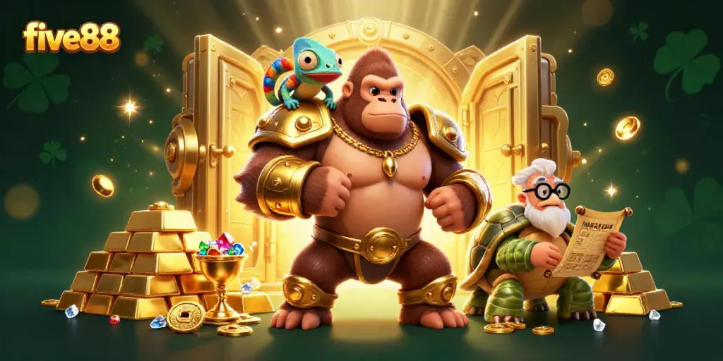 Experience the excitement of five88 with a powerful gorilla in a casino-themed 3D scene.