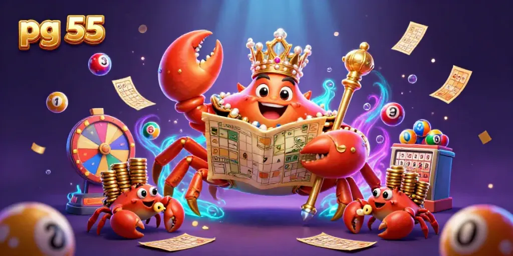 Engage with the dynamic pg 55 scene featuring a golden crab emperor amid vibrant lottery-themed elements.
