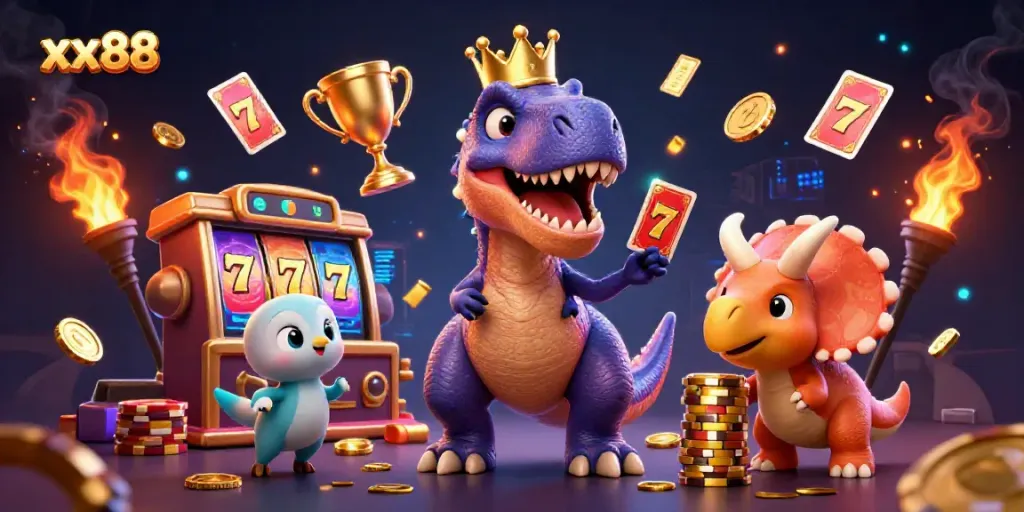 Experience thrilling gaming action at xx88 with friendly characters in a dynamic casino scene.