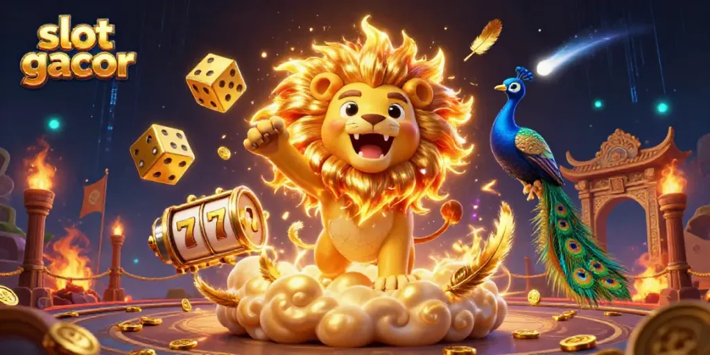 Experience thrilling gameplay with slot gacor as a lion roars triumphantly amidst dynamic casino elements.