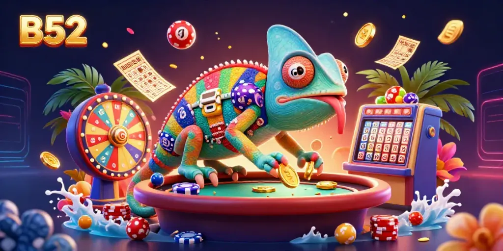 Win big at B52 with an engaging 3D casino illustration featuring vibrant game elements.