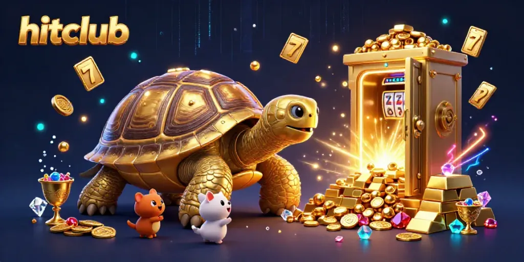 Hitclub showcases playful animals around a vibrant golden tortoise pinball machine in a dynamic casino scene.