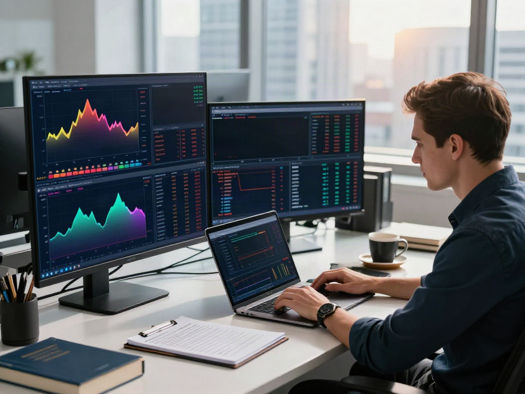 Trader analyzing financial data on MetaTrader 5 in a modern office setting.