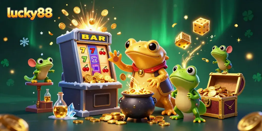 Experience lucky88 with a dynamic scene showcasing gold coins, slots, and casino elements.