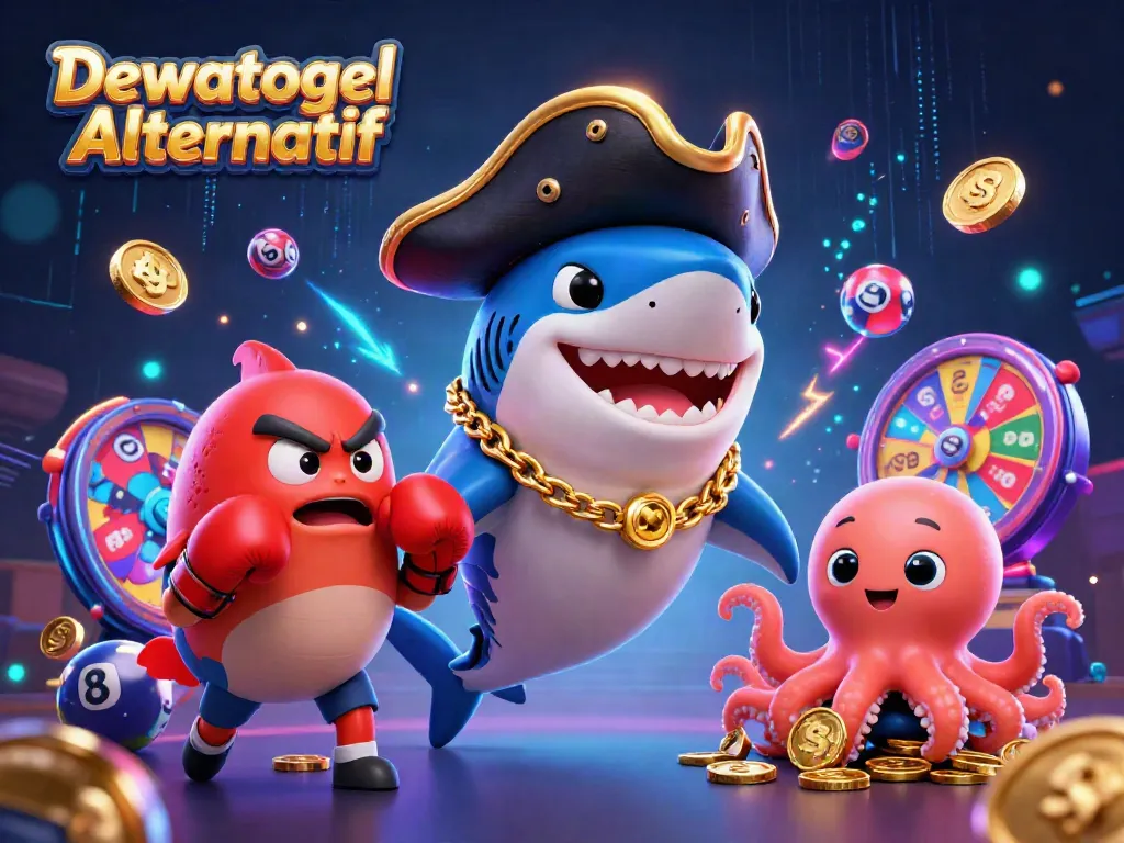 Dewatogel Alternatif showcases a vibrant 3D illustration featuring a playful pirate shark, boxing pufferfish, and an octopus hold lottery gold coins, highlighting unforgettable gaming.