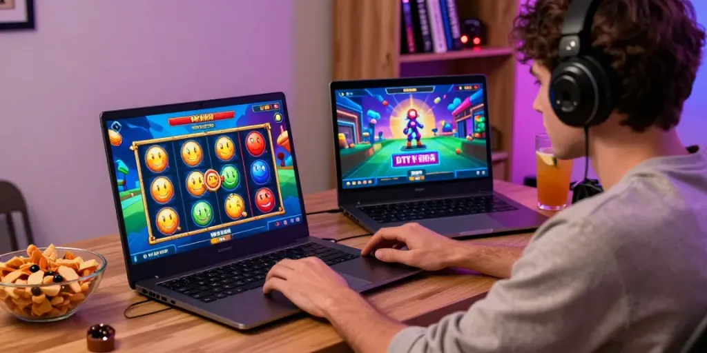 Permainan slot online di OYO288, pemain asyik menikmati pengalaman bermain dengan grafik warna-warni.