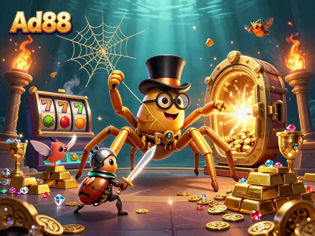 Witness Ad88's lively casino scene with a golden tarantula and beetle knight amidst dazzling game symbols.